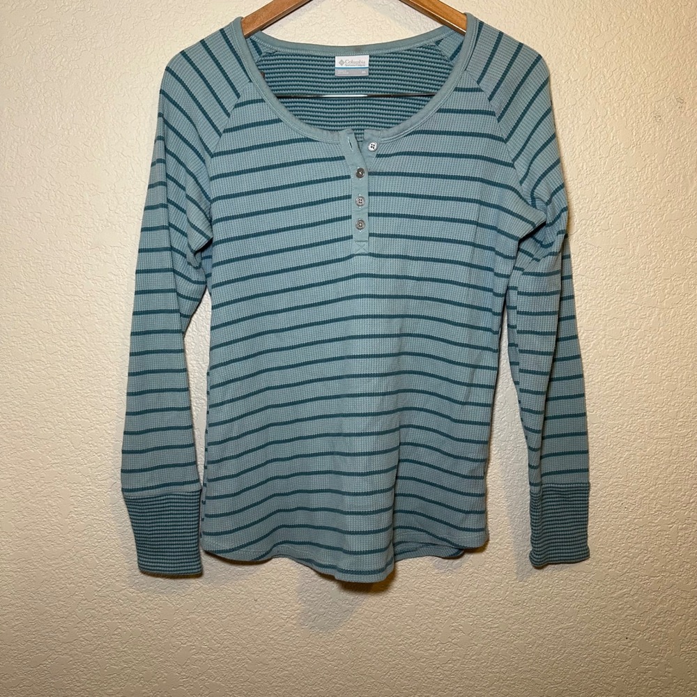 Columbia Sz XL Henley Pullover Knit Top Blue Striped Scoop‎ Neck Button Outdoors